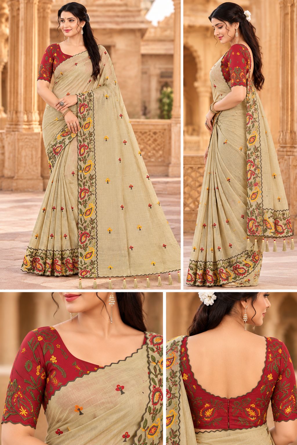 Beige Celebration Blossom Saree with Maroon Blouse - image 7