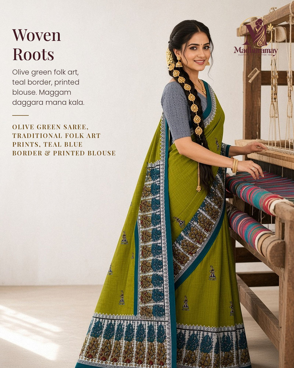 Olive Green Folk Art Festive Saree with Teal Border - image 1