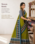Olive Green Folk Art Festive Saree with Teal Border - image 1