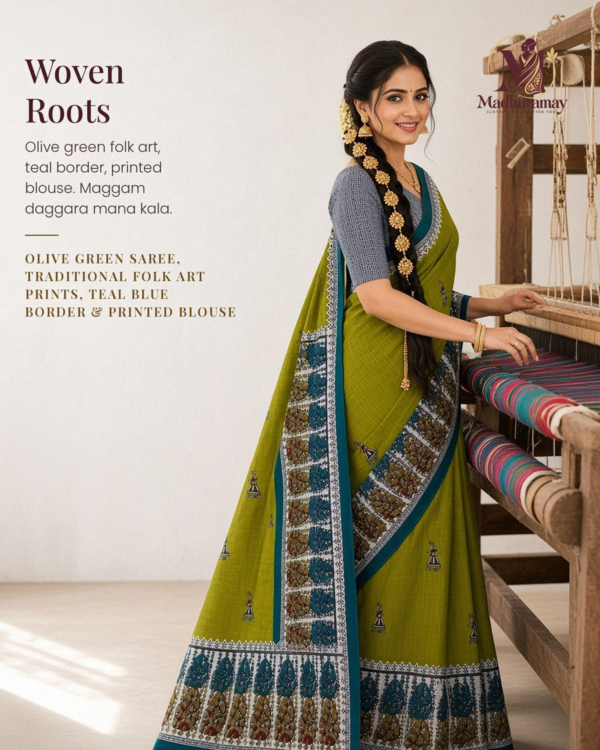 Olive Green Folk Art Festive Saree with Teal Border - image 1