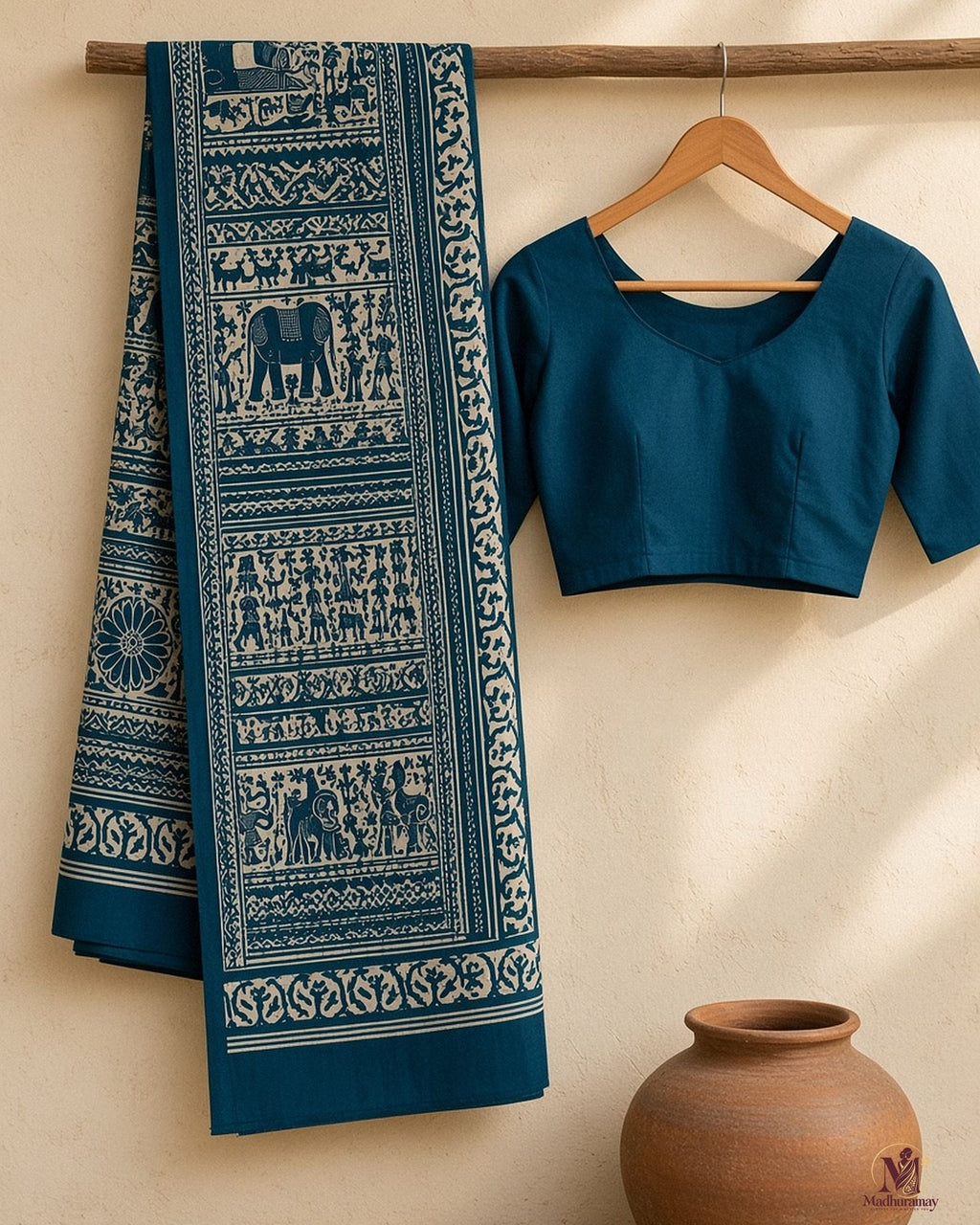 Dark Teal & White Utsav Kalamkari Elephant Saree - image 2