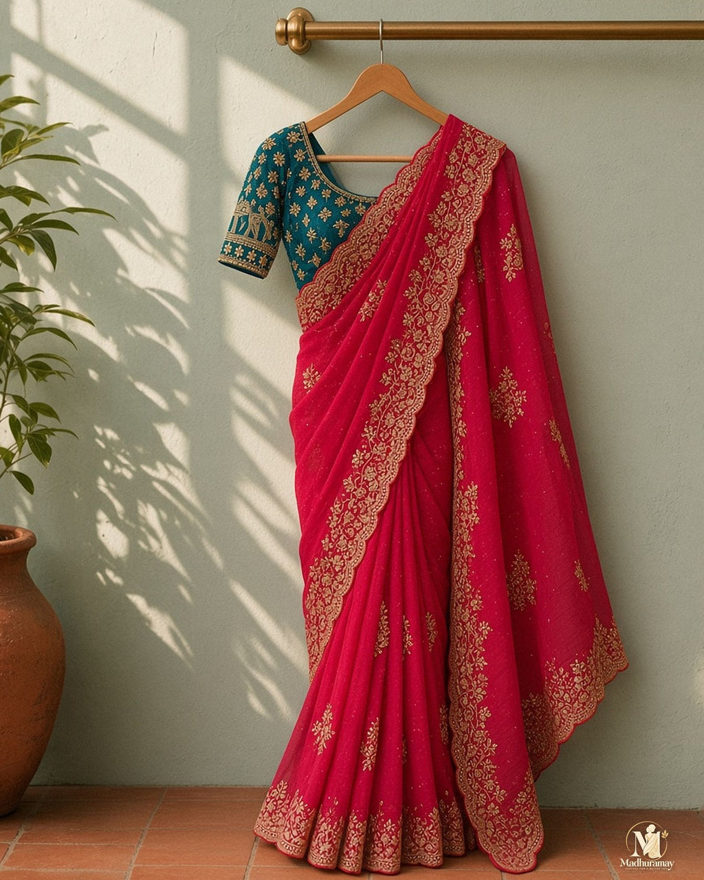 Crimson Red Cutwork Party Glam Saree with Designer Blouse - image 3