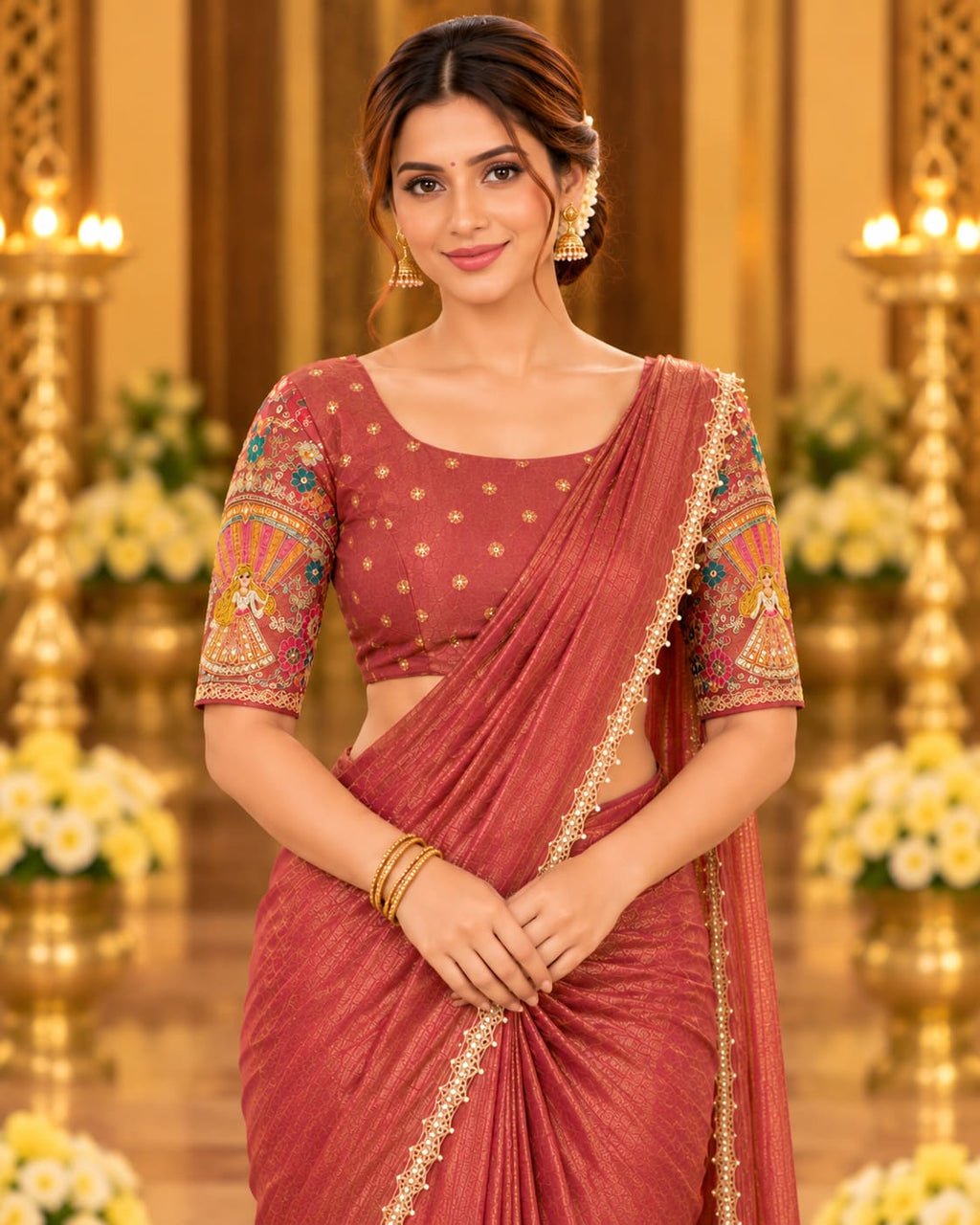 Rose Rust Golden Woven Party Glam Saree - image 3