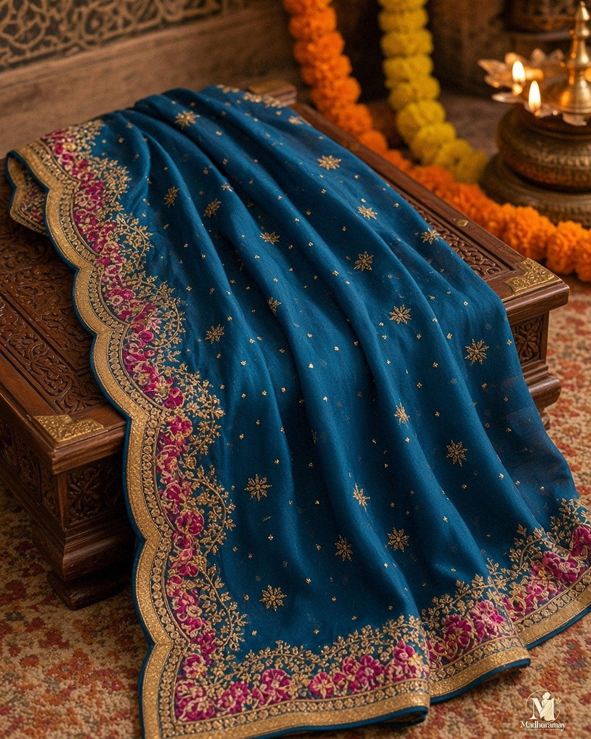 Teal Blue Golden Embroidery Evening Party Saree with Pink Floral Border - image 5