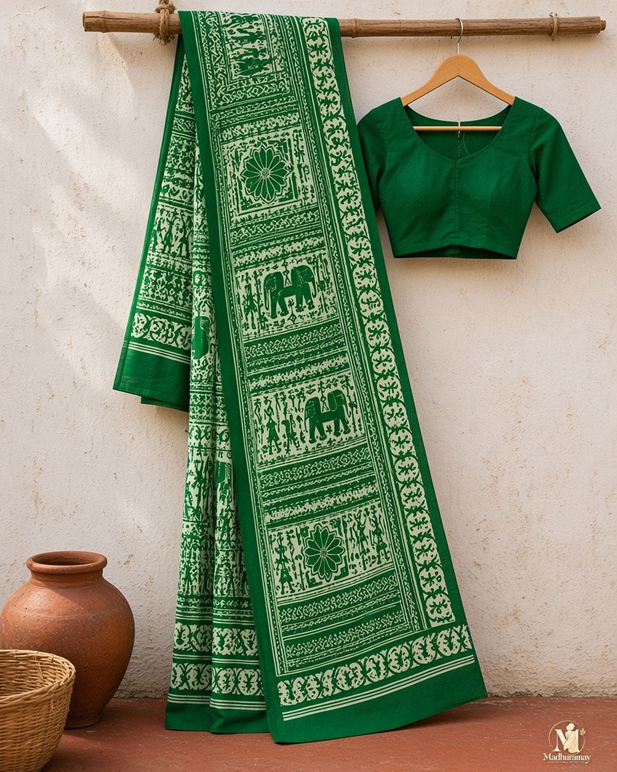 Light Green & White Utsav Kalamkari Elephant Saree - image 2
