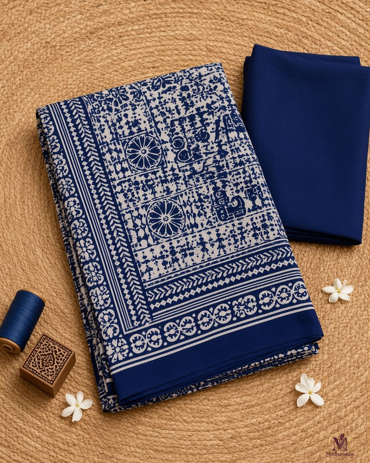 Navy Blue & White Festive Print Saree - image 3