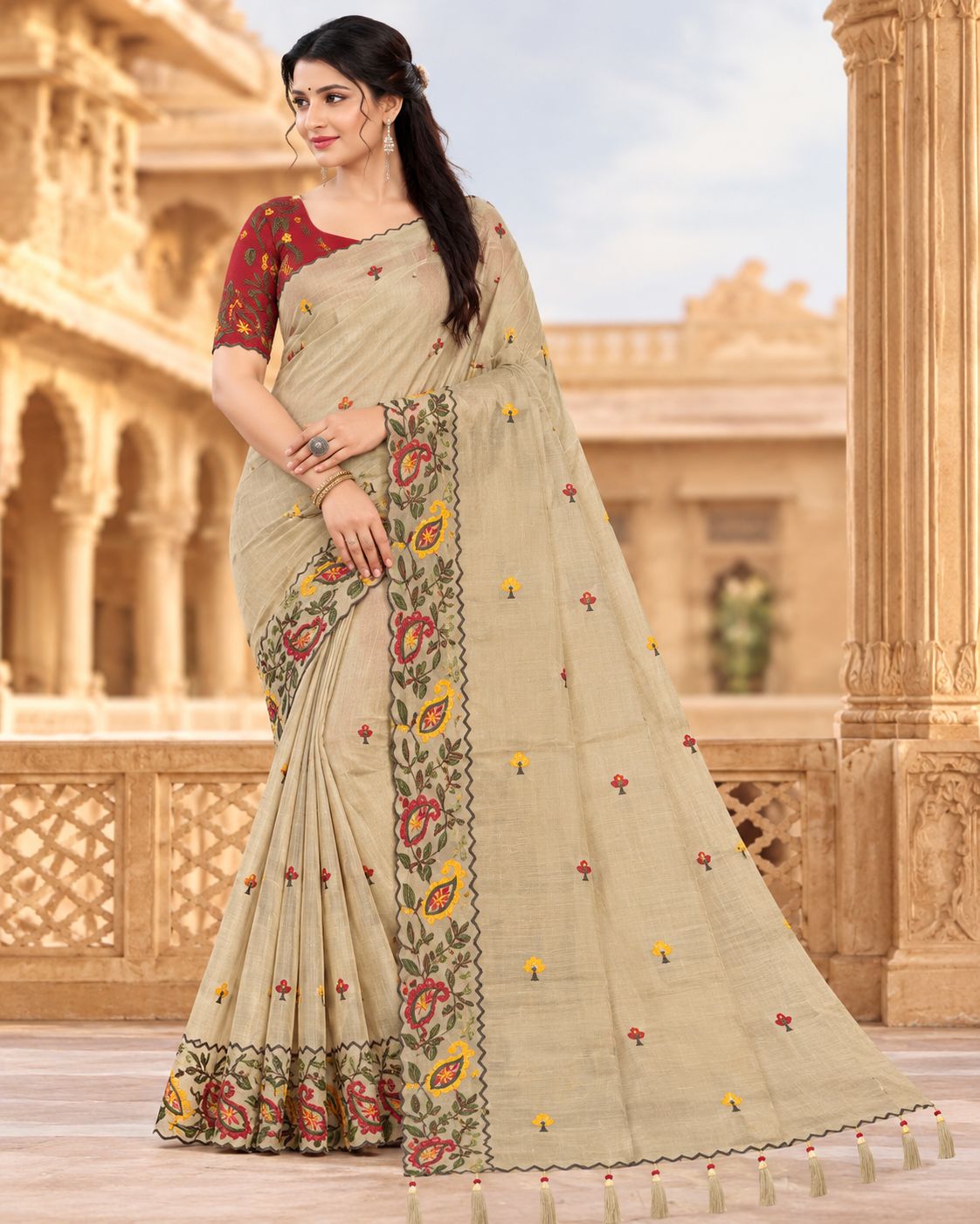 Beige Celebration Blossom Saree with Maroon Blouse - image 6