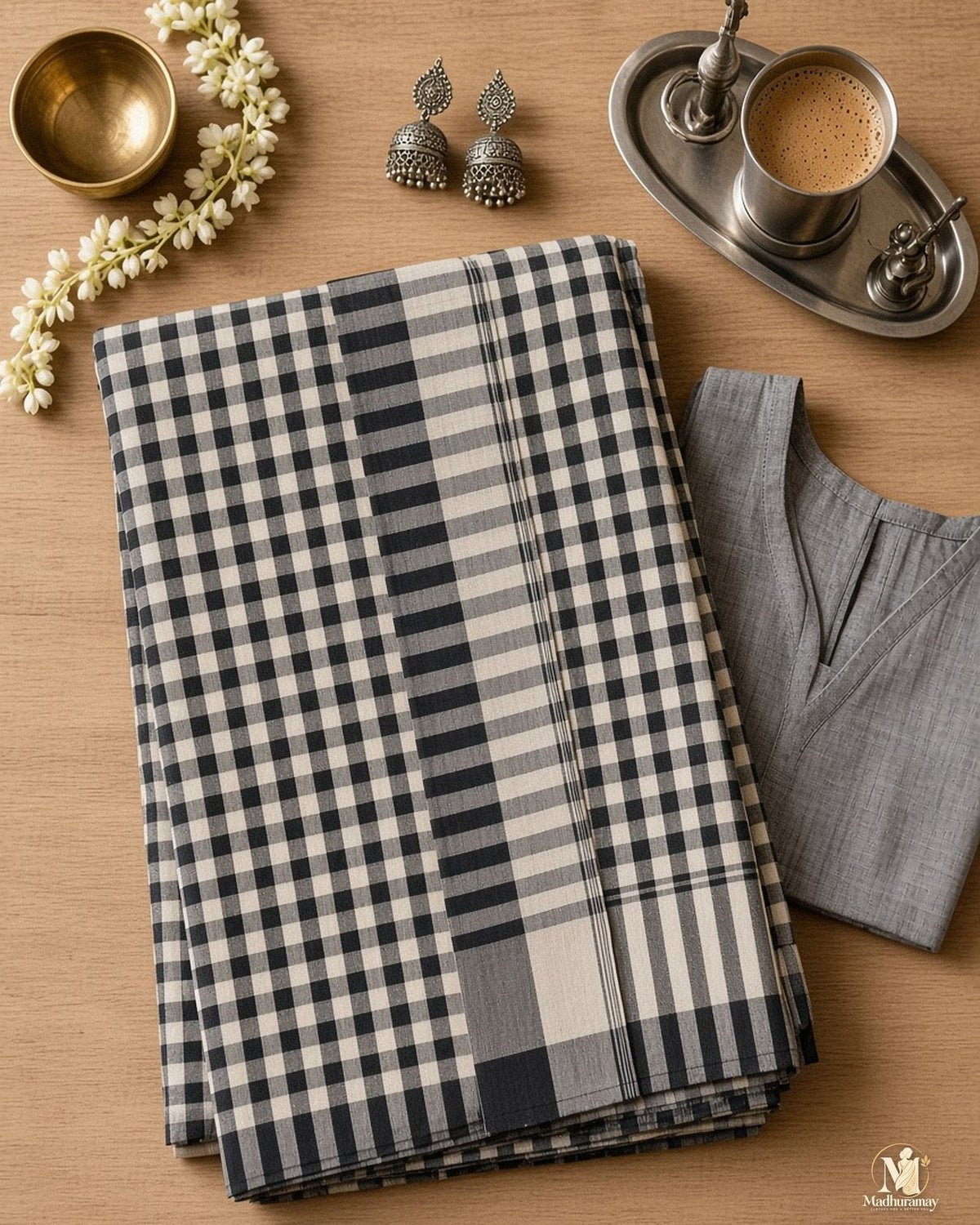Black & Grey Classic Check Saree with Striped Pallu - image 3
