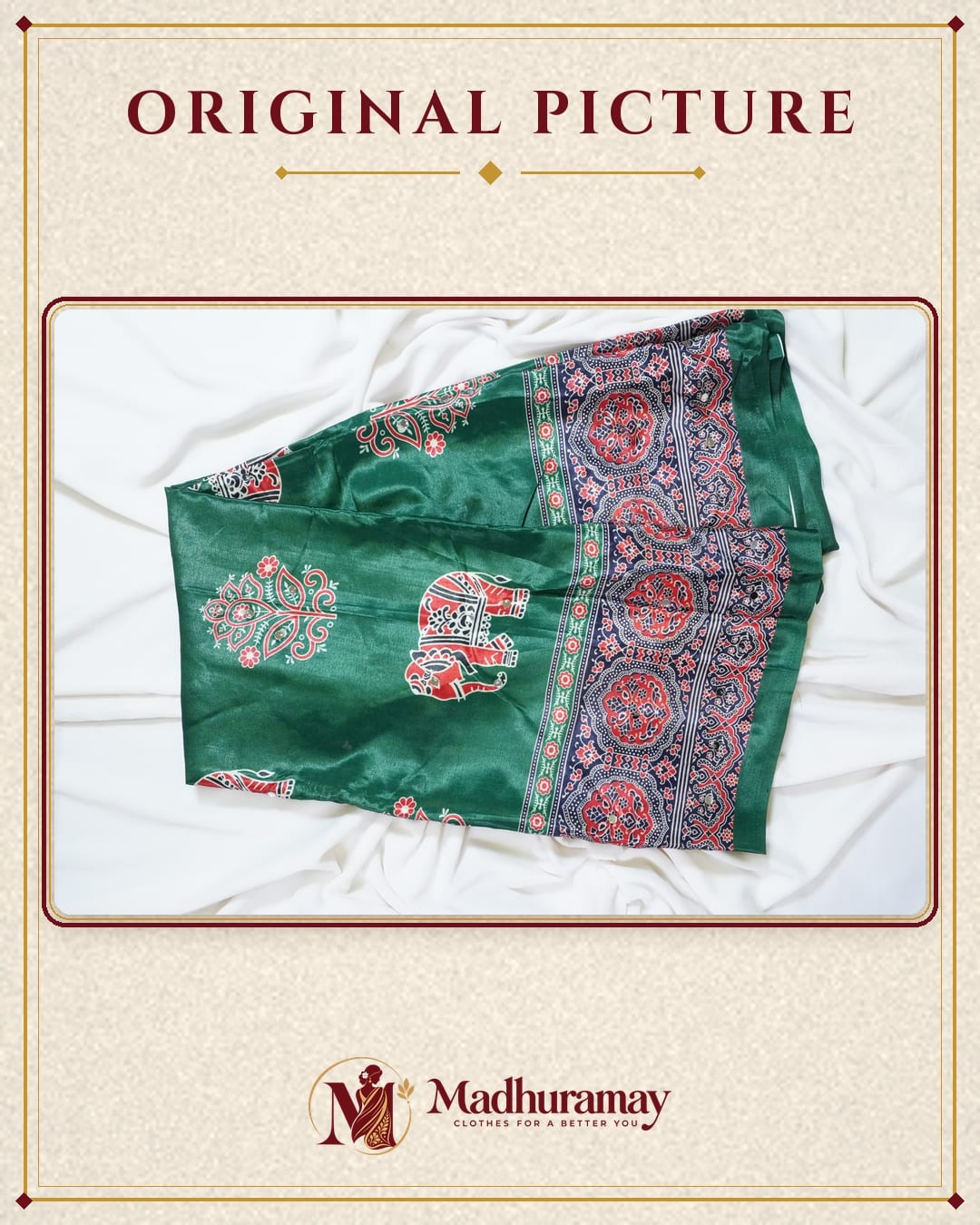 Semi-Ajrak Green Printed Soft Silk Saree with Mirror Work & Unstitched Blouse - image 3