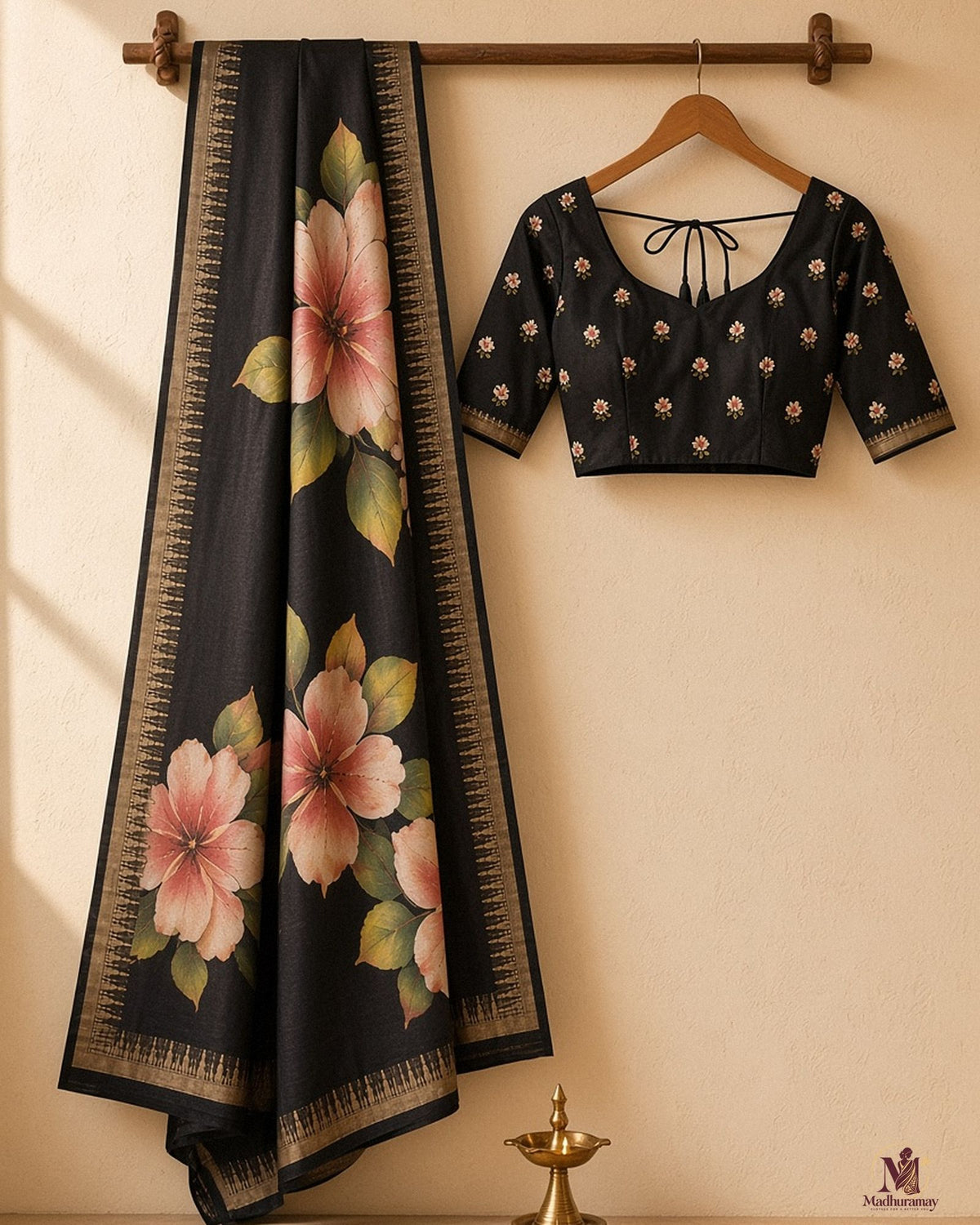 Black Festive Bloom Saree with Zari Border - image 2
