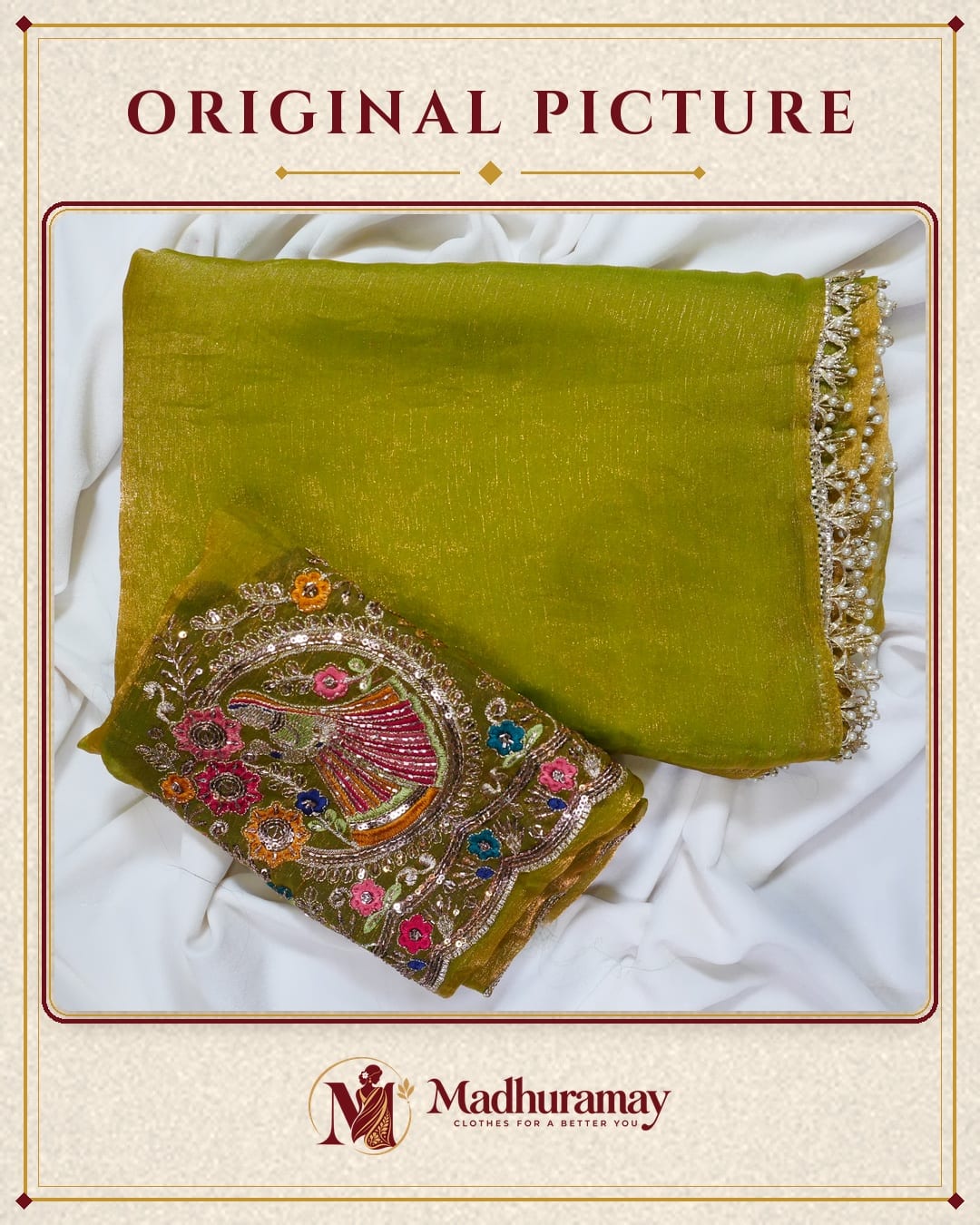 Olive Green Golden Border Party Glam Saree with Embroidered Blouse - image 2
