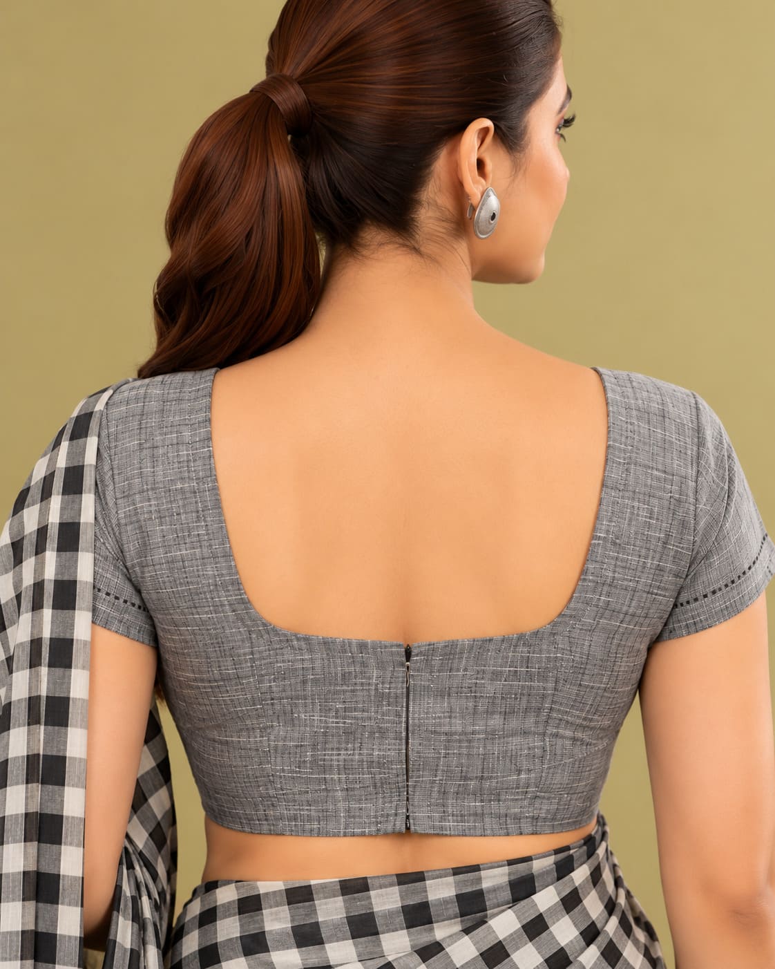 Black & Grey Classic Check Saree with Striped Pallu - image 9