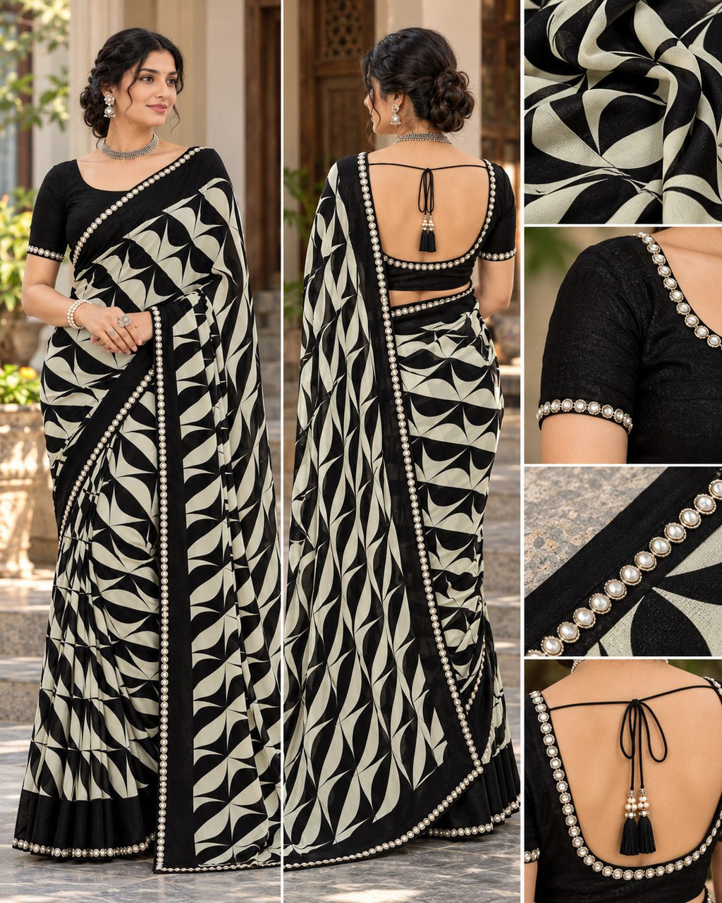 Black & Cream Abstract Evening Party Saree with Pearl-Style Border - image 7