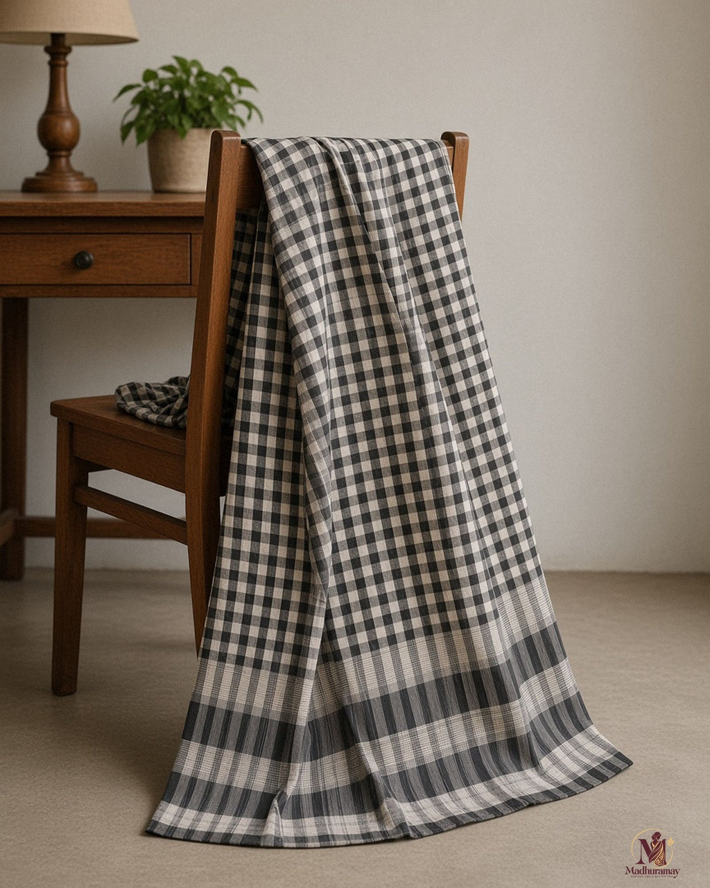 Black & Grey Classic Check Saree with Striped Pallu - image 5