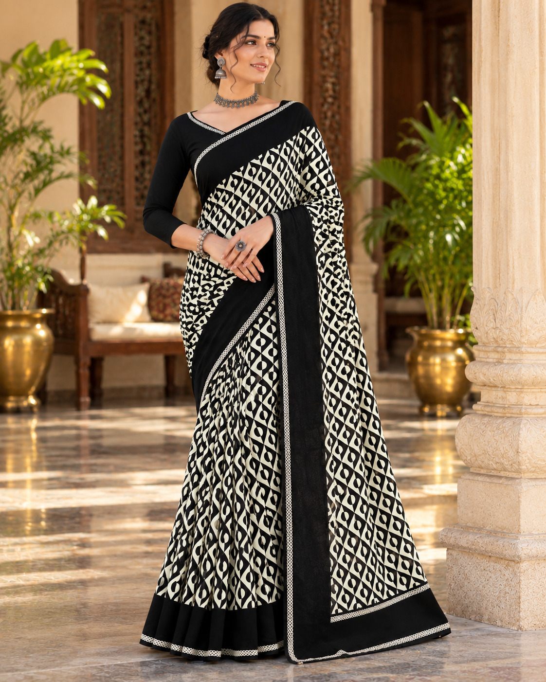 Black & Cream Geometric Evening Party Saree - image 6