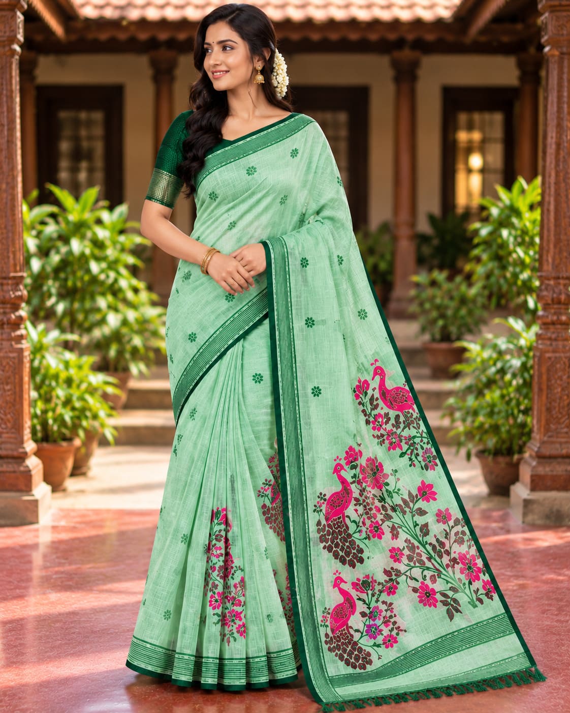 Mint Green Peacock Pallu Festive Saree - image 6