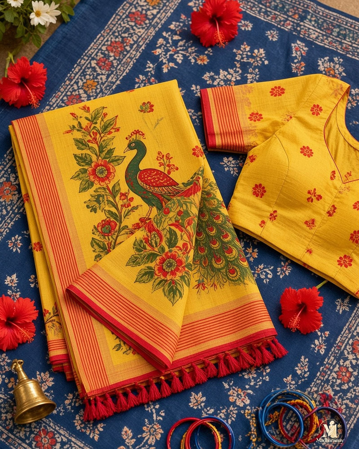 Mustard Yellow Peacock Pallu Festive Saree - image 3