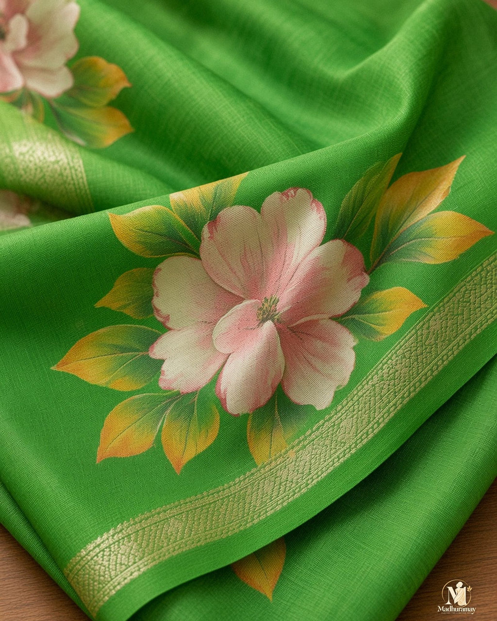 Green Festive Bloom Saree with Zari Border - image 4