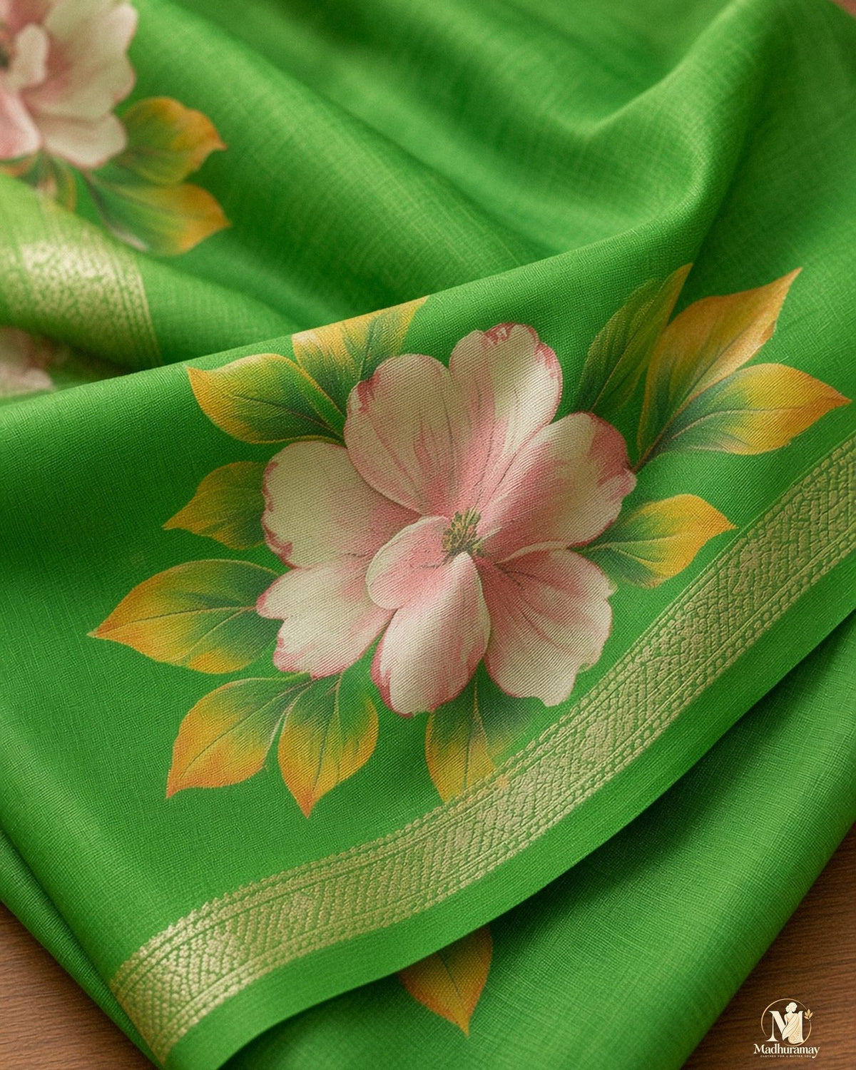 Green Festive Bloom Saree with Zari Border - image 4