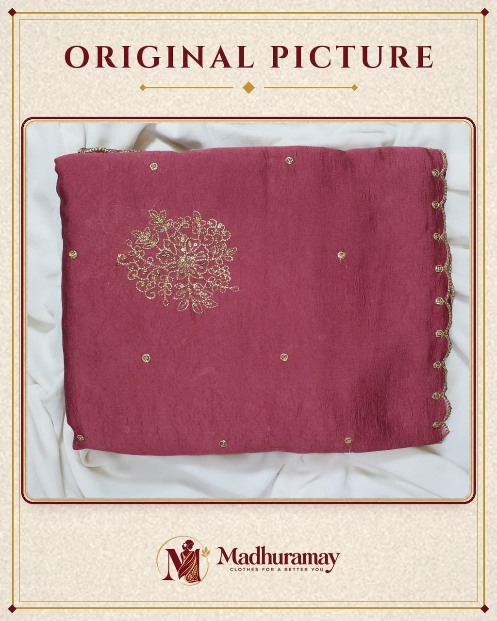 Pink-Maroon Golden Blossom Festive Saree with Scalloped Border - image 3