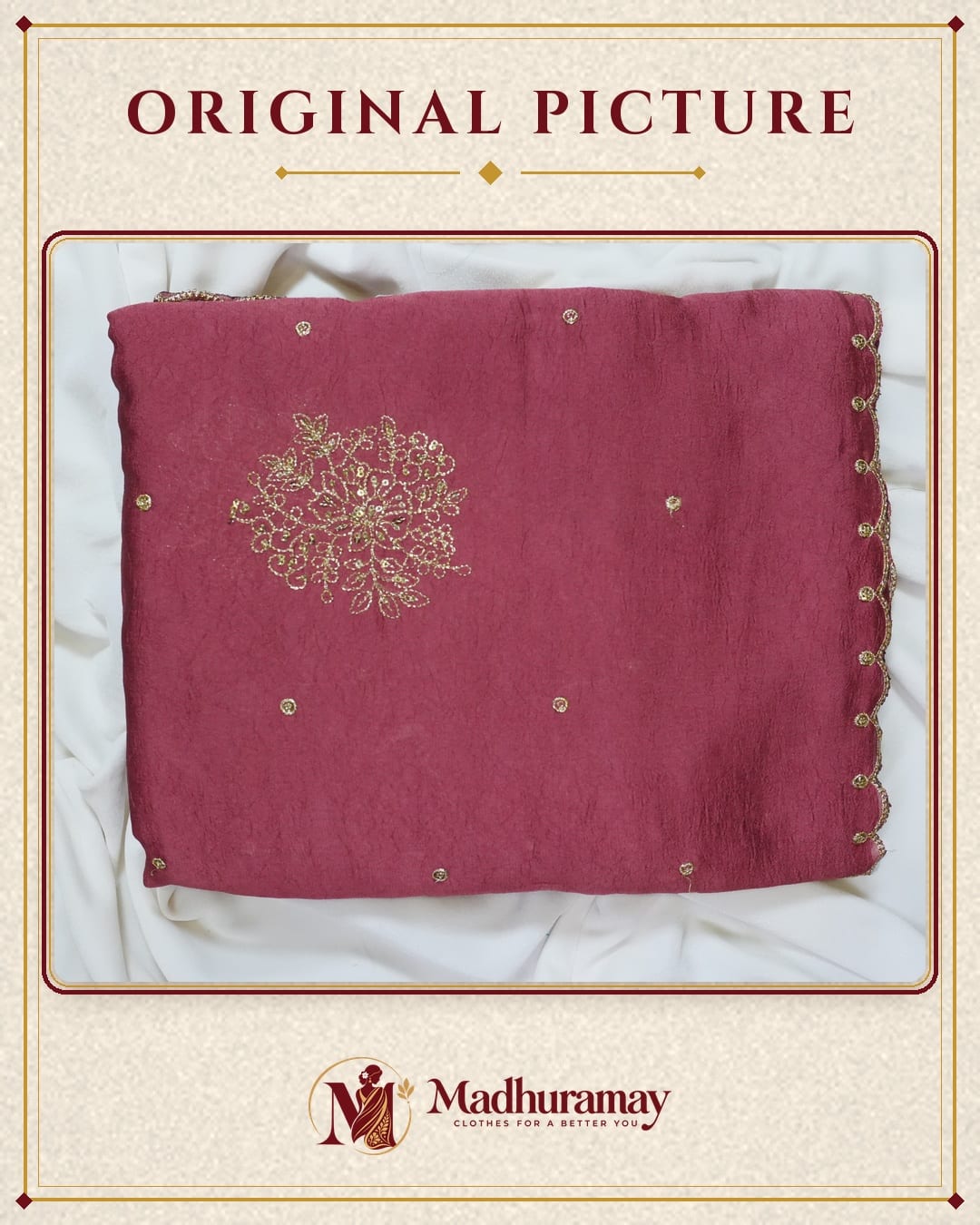 Pink-Maroon Golden Blossom Festive Saree with Scalloped Border - image 3