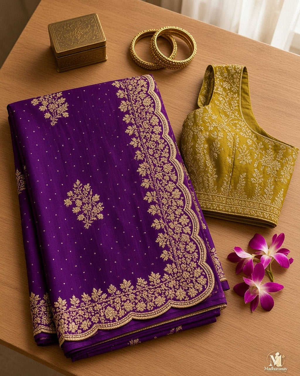 Royal Purple Golden Cutwork Party Glam Saree with Designer Blouse - image 3