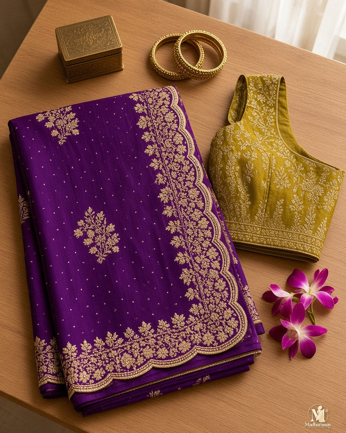 Royal Purple Golden Cutwork Party Glam Saree with Designer Blouse - image 3