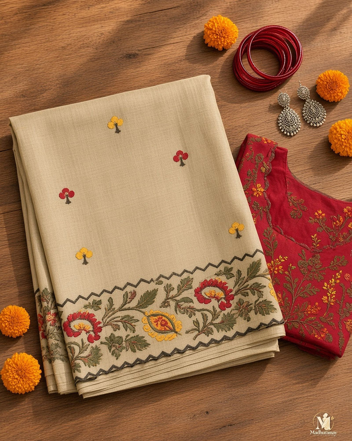 Beige Celebration Blossom Saree with Maroon Blouse - image 3