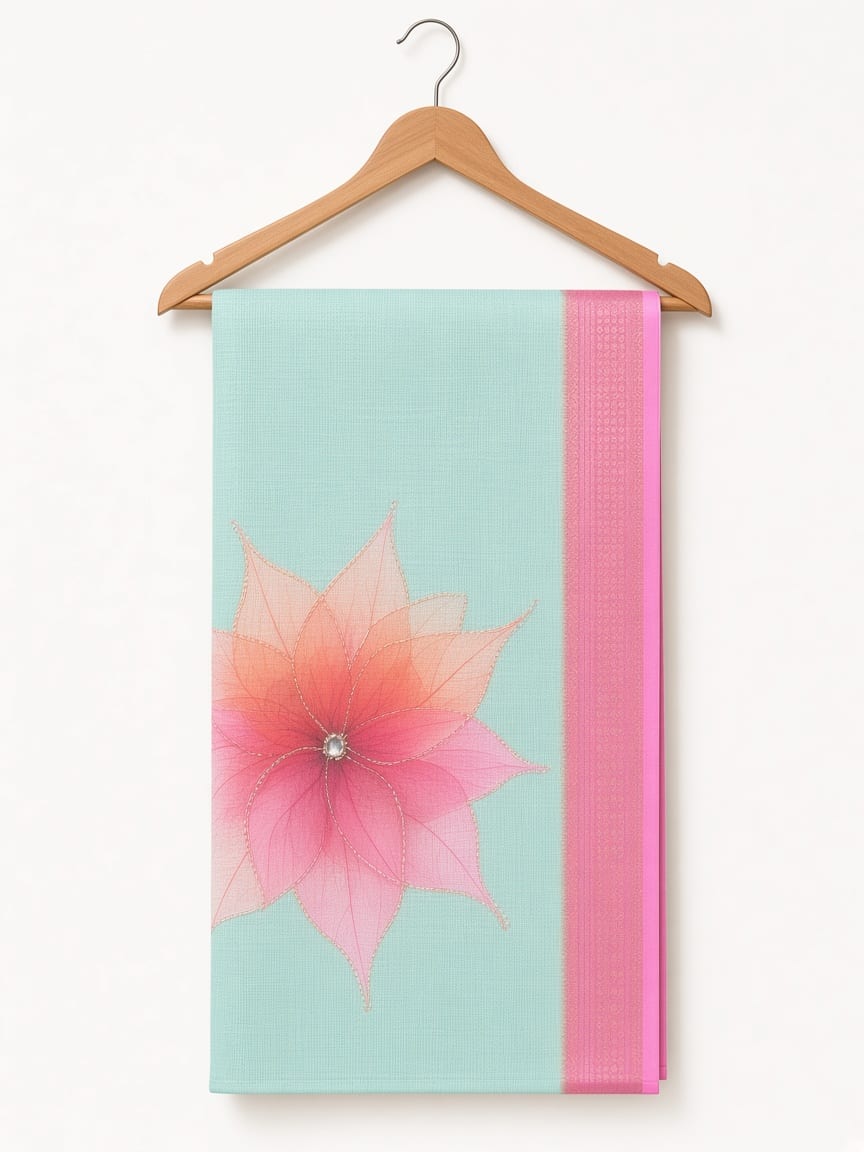 Ice Blue Golden Garden Festive Saree with Pink Border - image 4