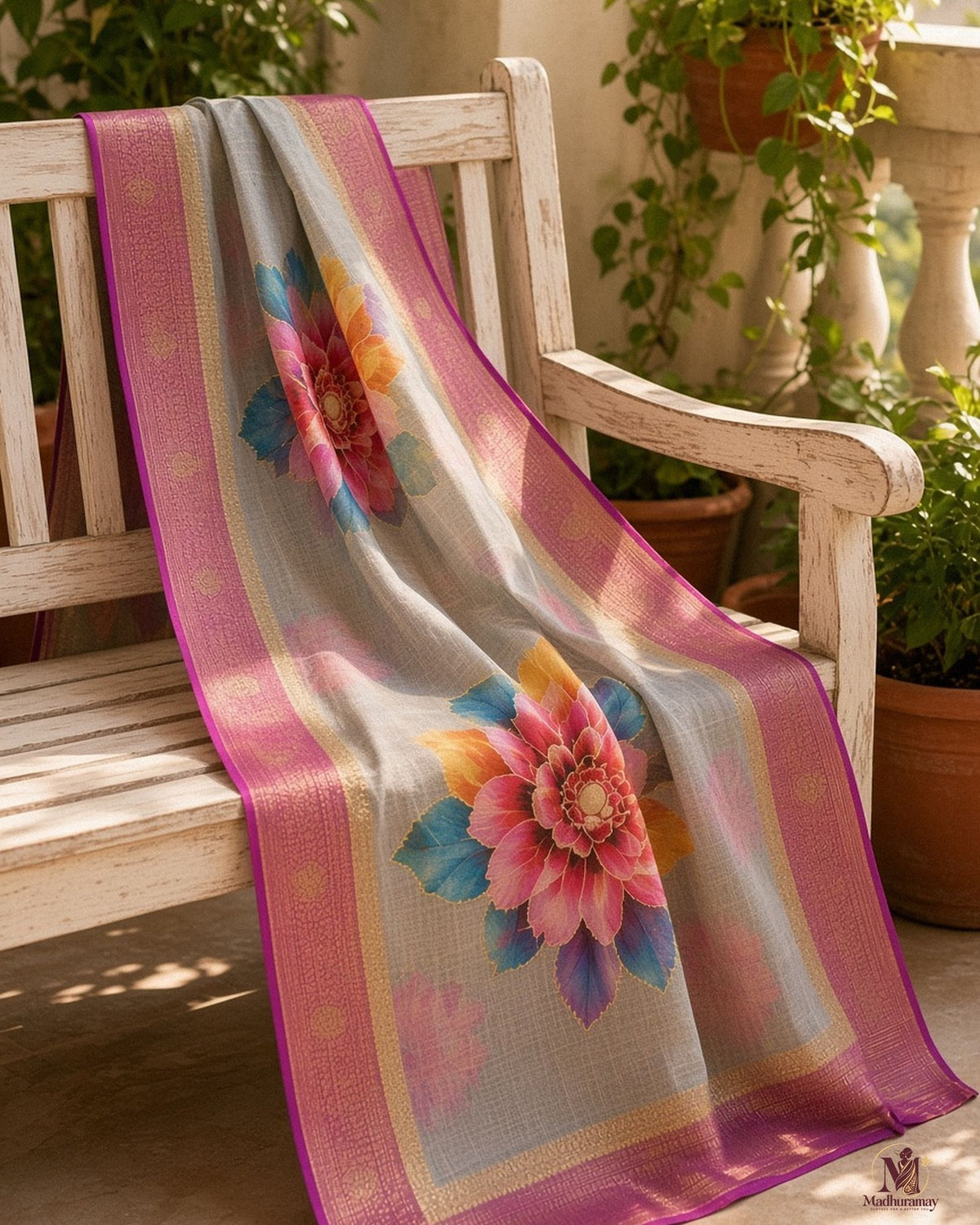 Grey Golden Garden Festive Saree with Purple Border - image 5