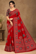 Semi-Ajrak Red Printed Soft Silk Saree with Unstitched Blouse - image 1