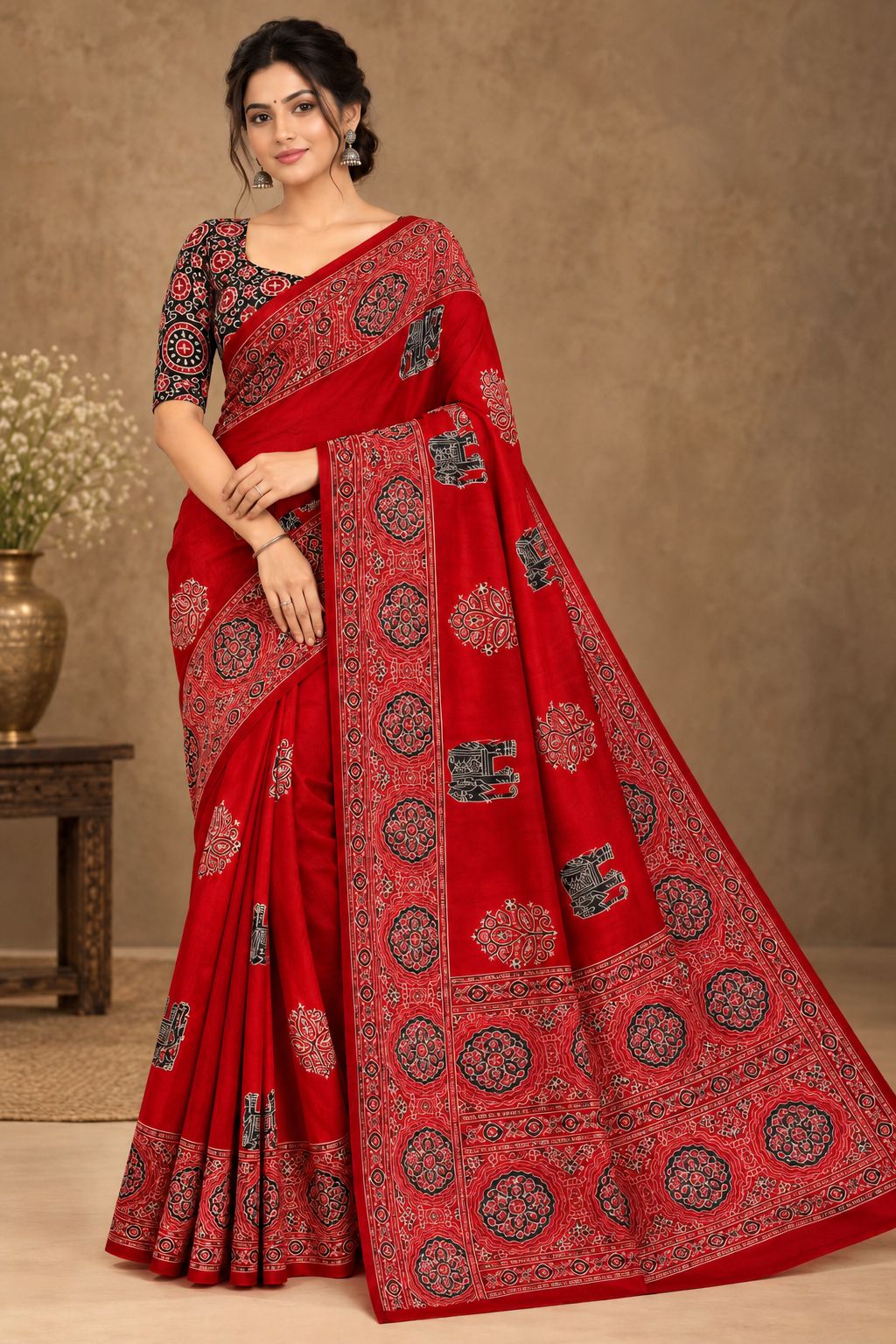 Semi-Ajrak Red Printed Soft Silk Saree with Unstitched Blouse - image 1