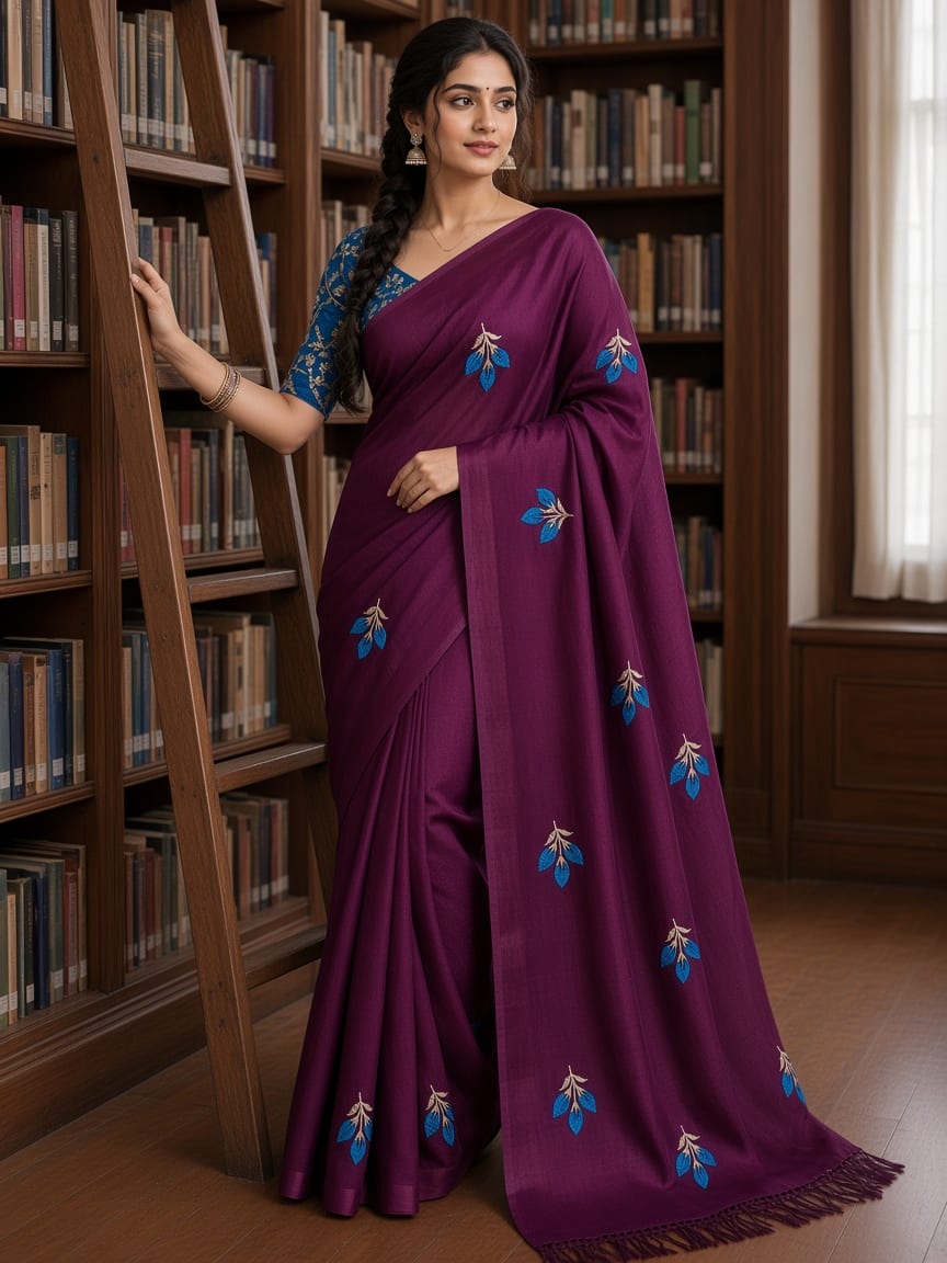 Royal Wine Maroon Rose Bud Embroidered Festive Saree with Teal Blouse - image 3