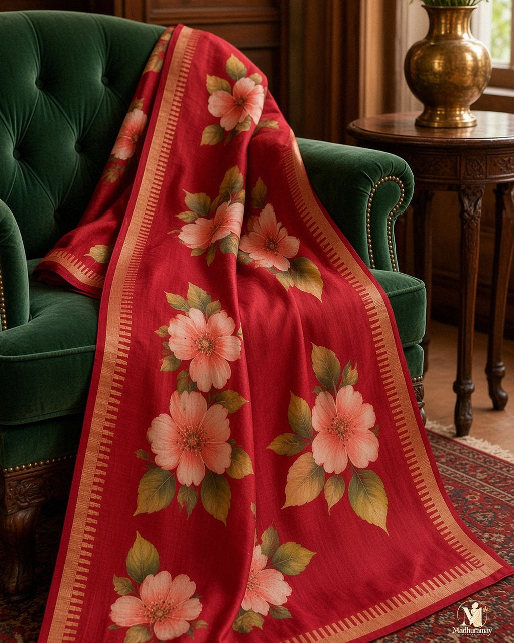 Cherry Red Festive Bloom Saree with Zari Border - image 5