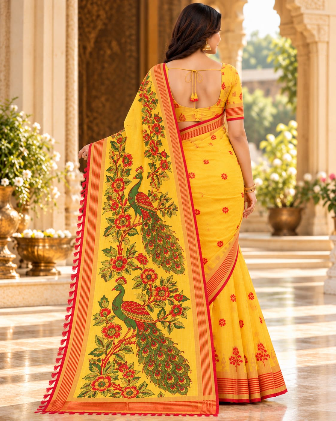 Mustard Yellow Peacock Pallu Festive Saree - image 8