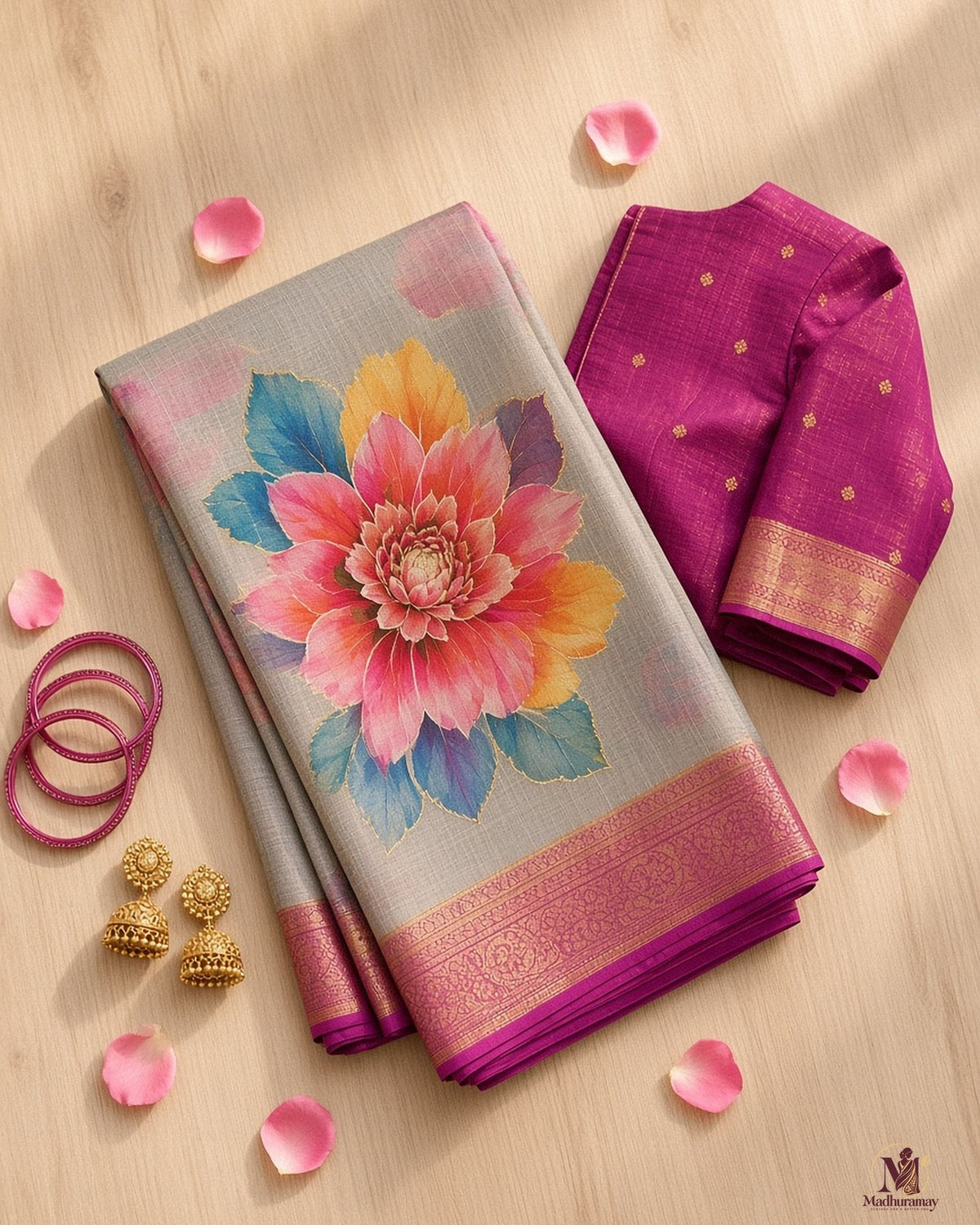 Grey Golden Garden Festive Saree with Purple Border - image 3