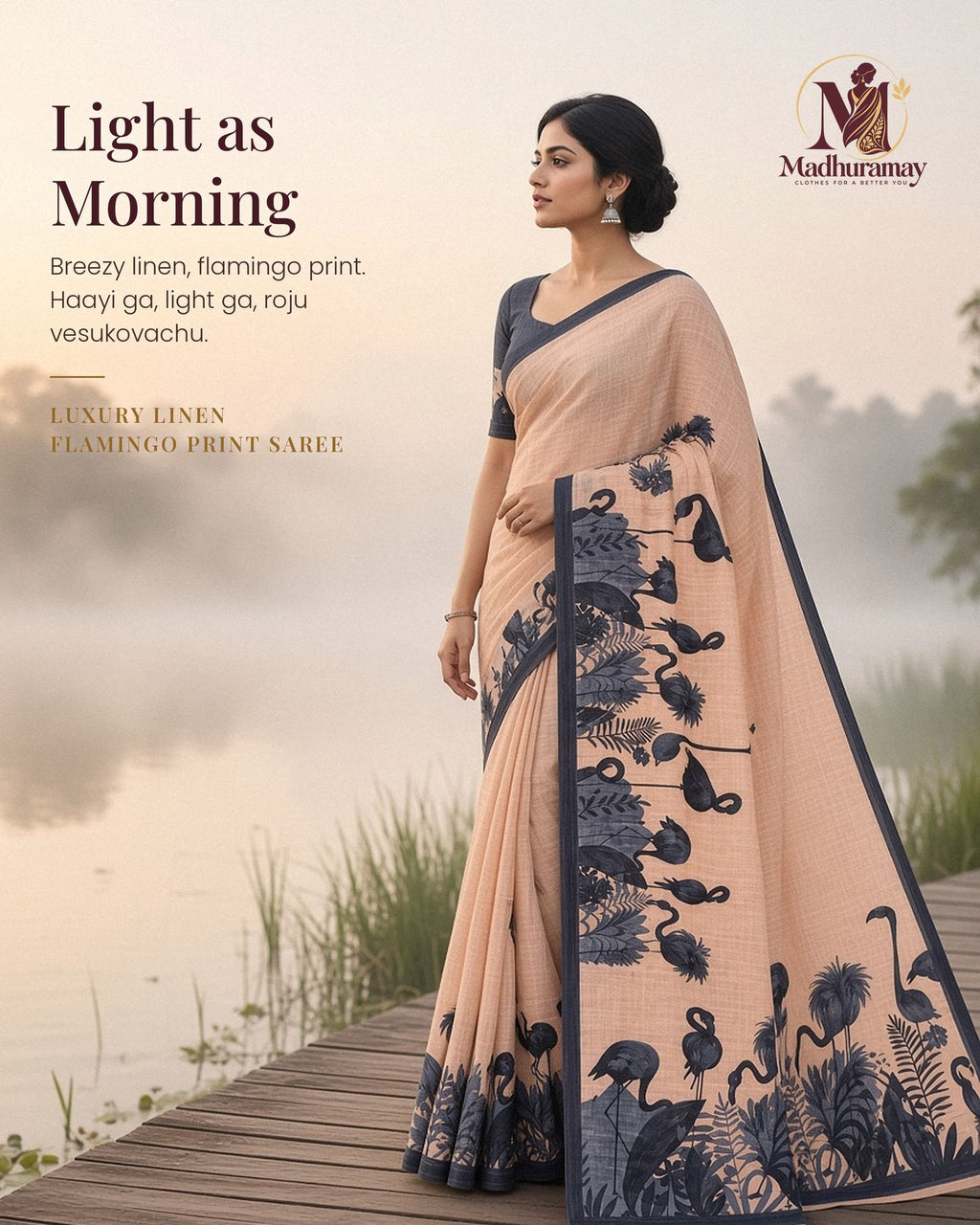 Luxury Flamingo Print Linen Festive Saree - image 1