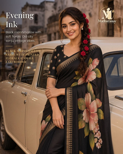 Black Festive Bloom Saree with Zari Border - image 1