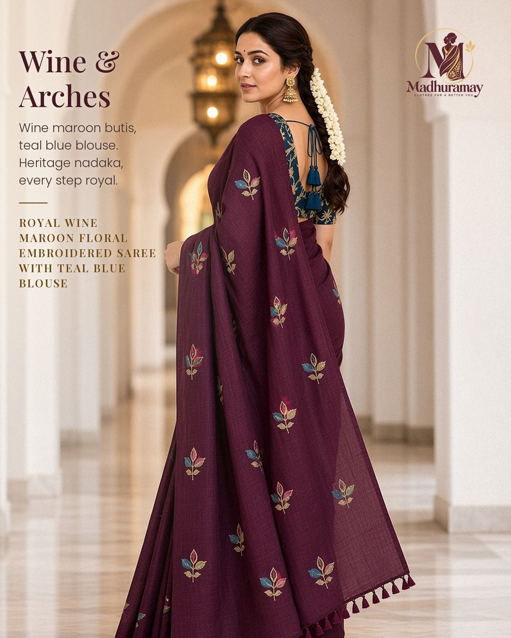 Royal Wine Maroon Rose Bud Embroidered Festive Saree with Teal Blouse - image 1