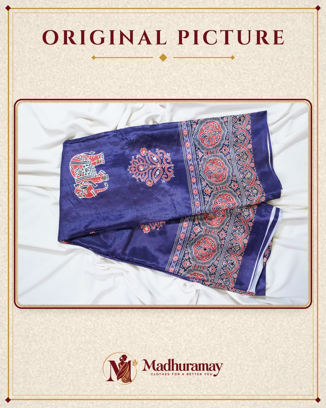 Semi-Ajrak Blue Printed Soft Silk Saree with Mirror Work & Unstitched Blouse - image 2