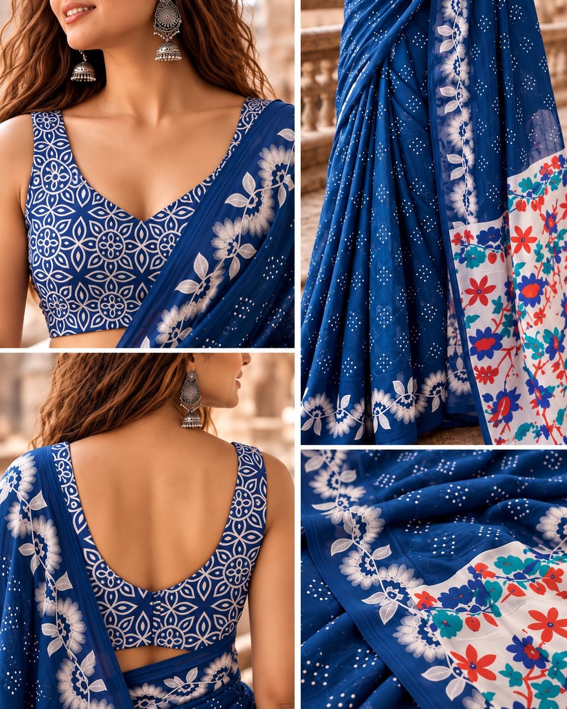 Royal Blue Floral Festive Saree with Printed Pallu - image 5
