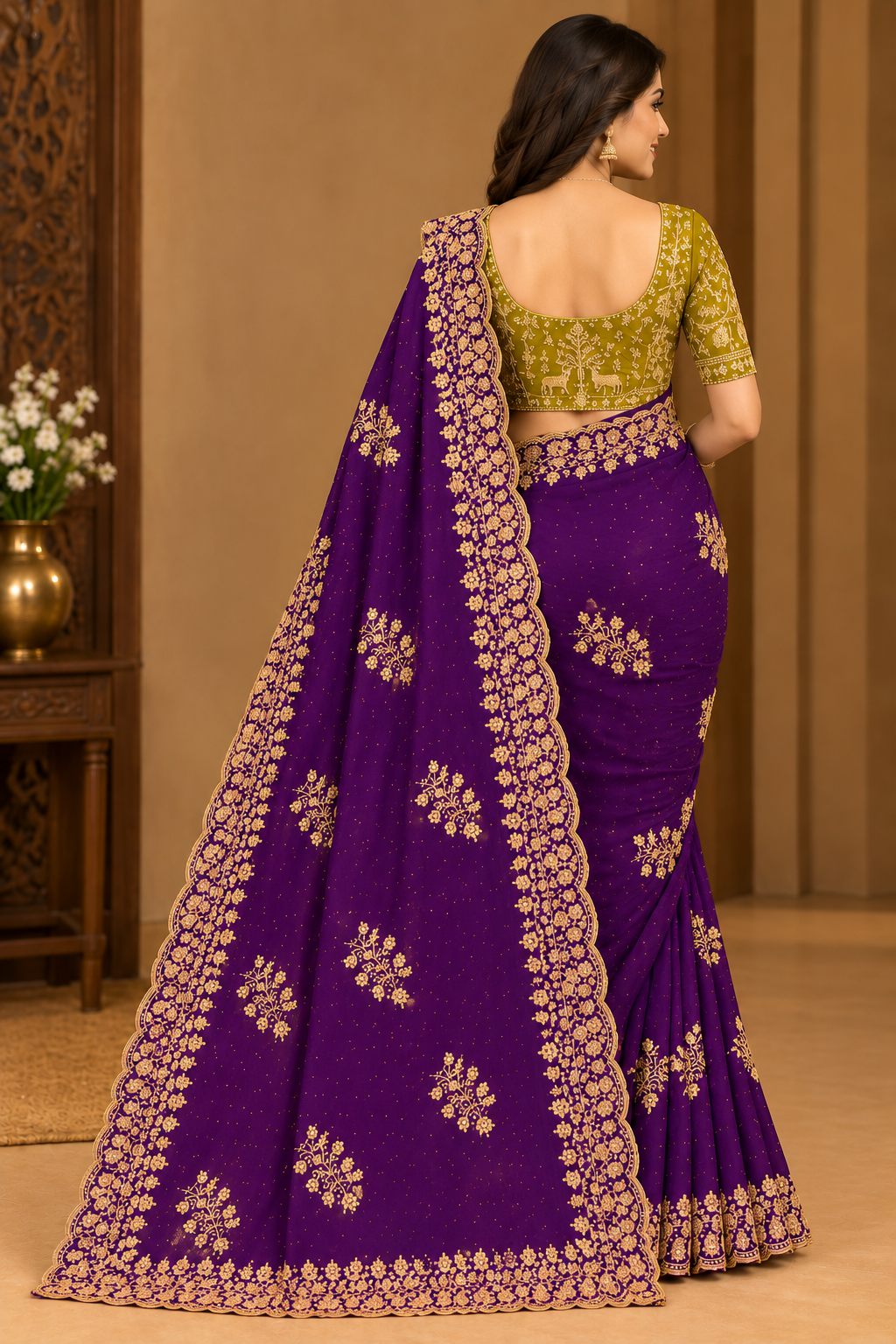 Royal Purple Golden Cutwork Party Glam Saree with Designer Blouse - image 8