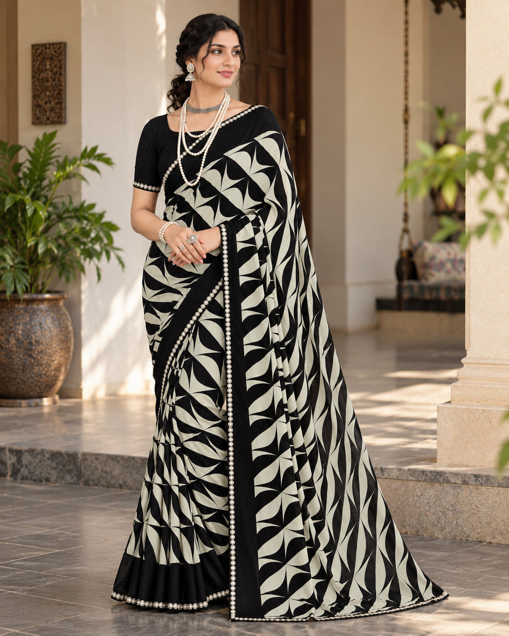 Black & Cream Abstract Evening Party Saree with Pearl-Style Border - image 6