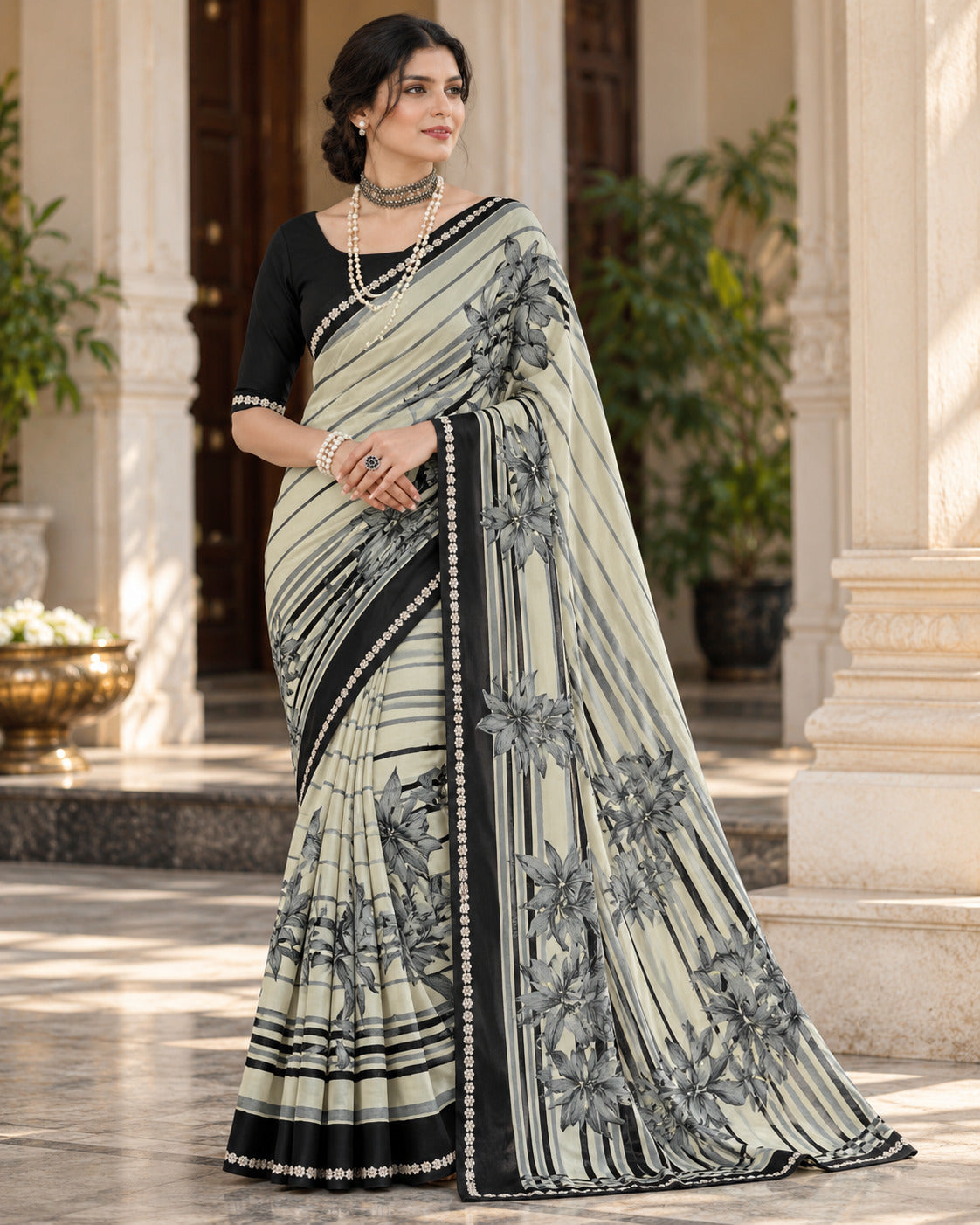 Cream & Black Floral Evening Party Saree - image 6
