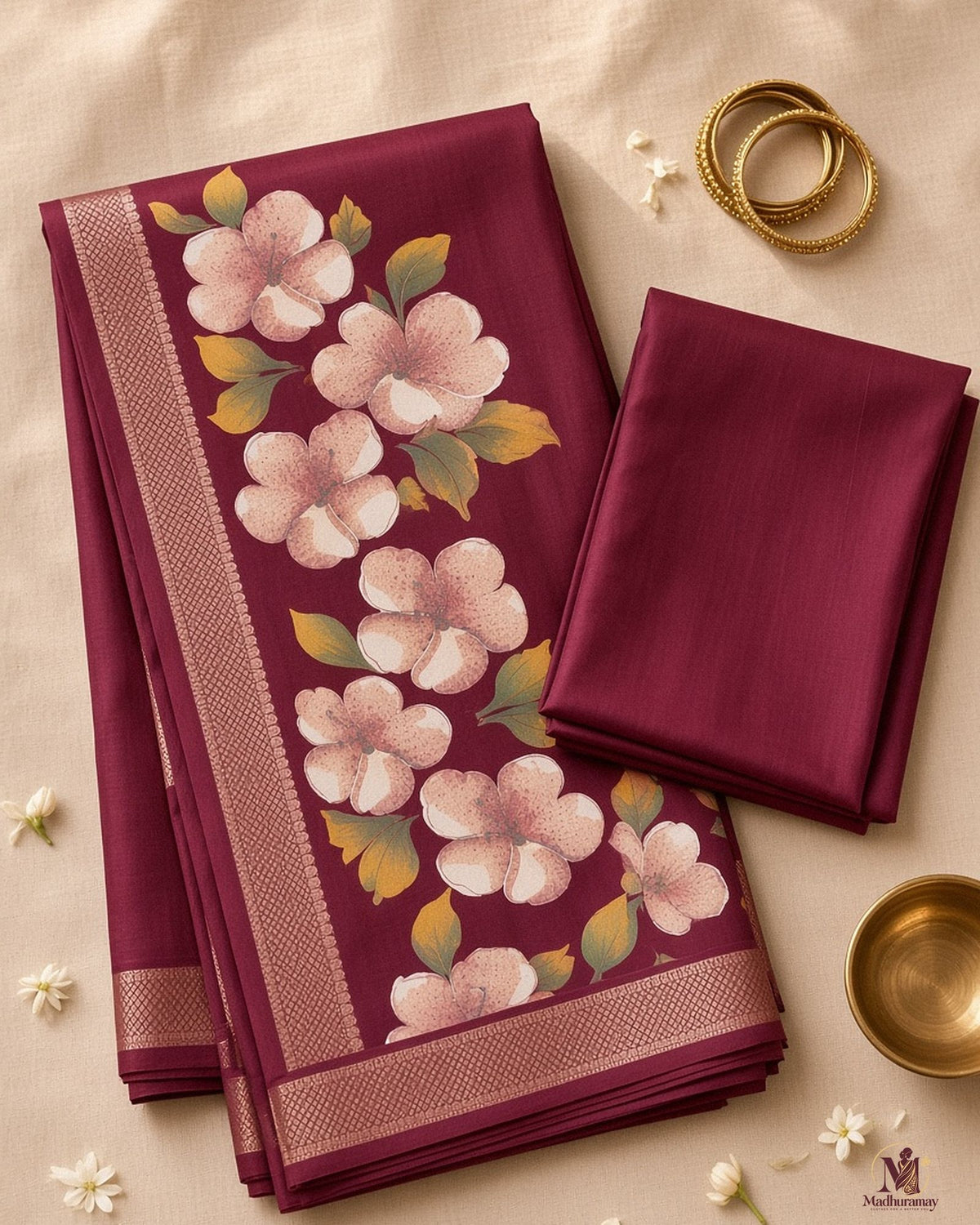 Maroon Festive Bloom Saree with Zari Border - image 3