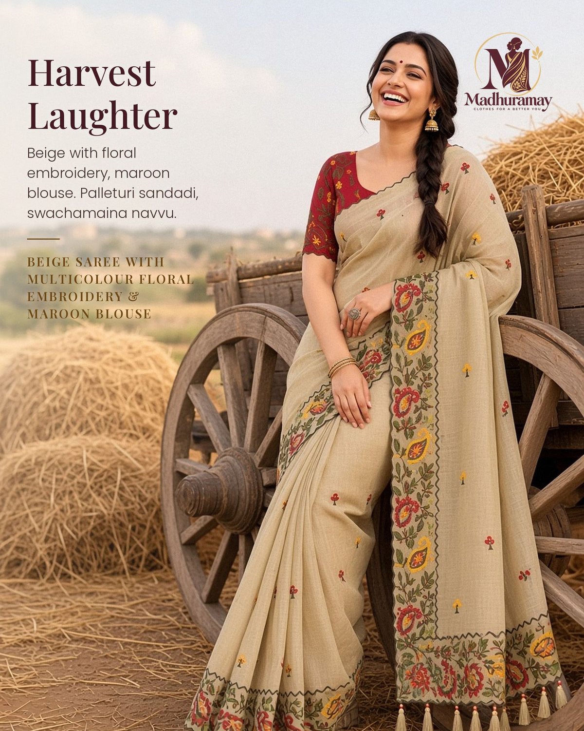 Beige Celebration Blossom Saree with Maroon Blouse - image 1