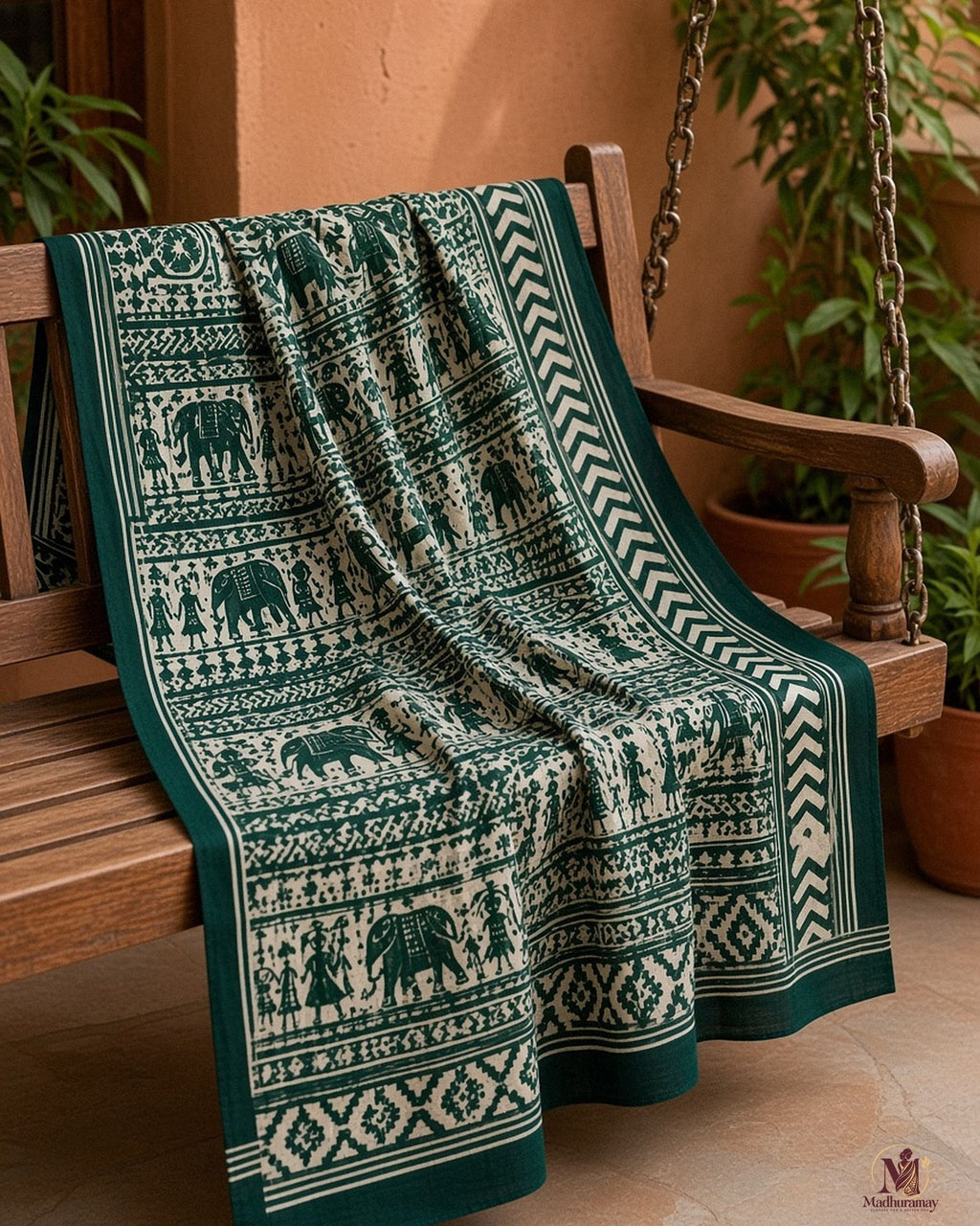 Dark Green & White Utsav Kalamkari Elephant Saree - image 5