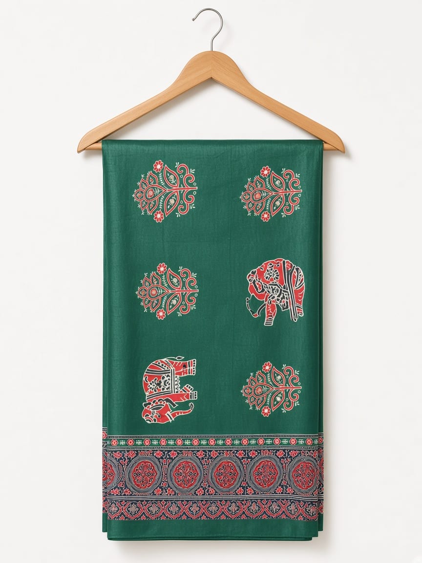 Semi-Ajrak Green Printed Soft Silk Saree with Mirror Work & Unstitched Blouse - image 5