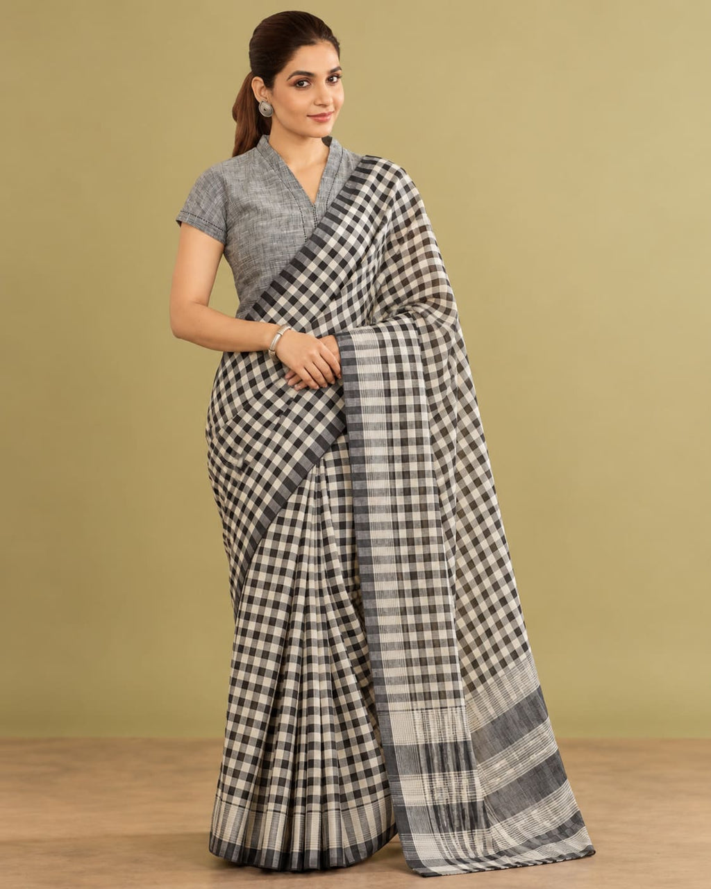 Black & Grey Classic Check Saree with Striped Pallu - image 6