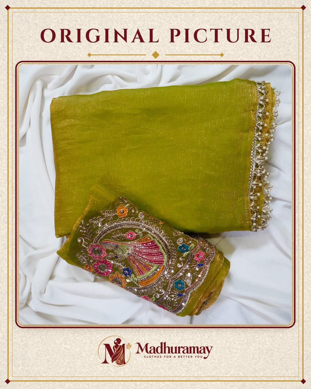 Olive Green Golden Border Party Glam Saree with Embroidered Blouse - image 3